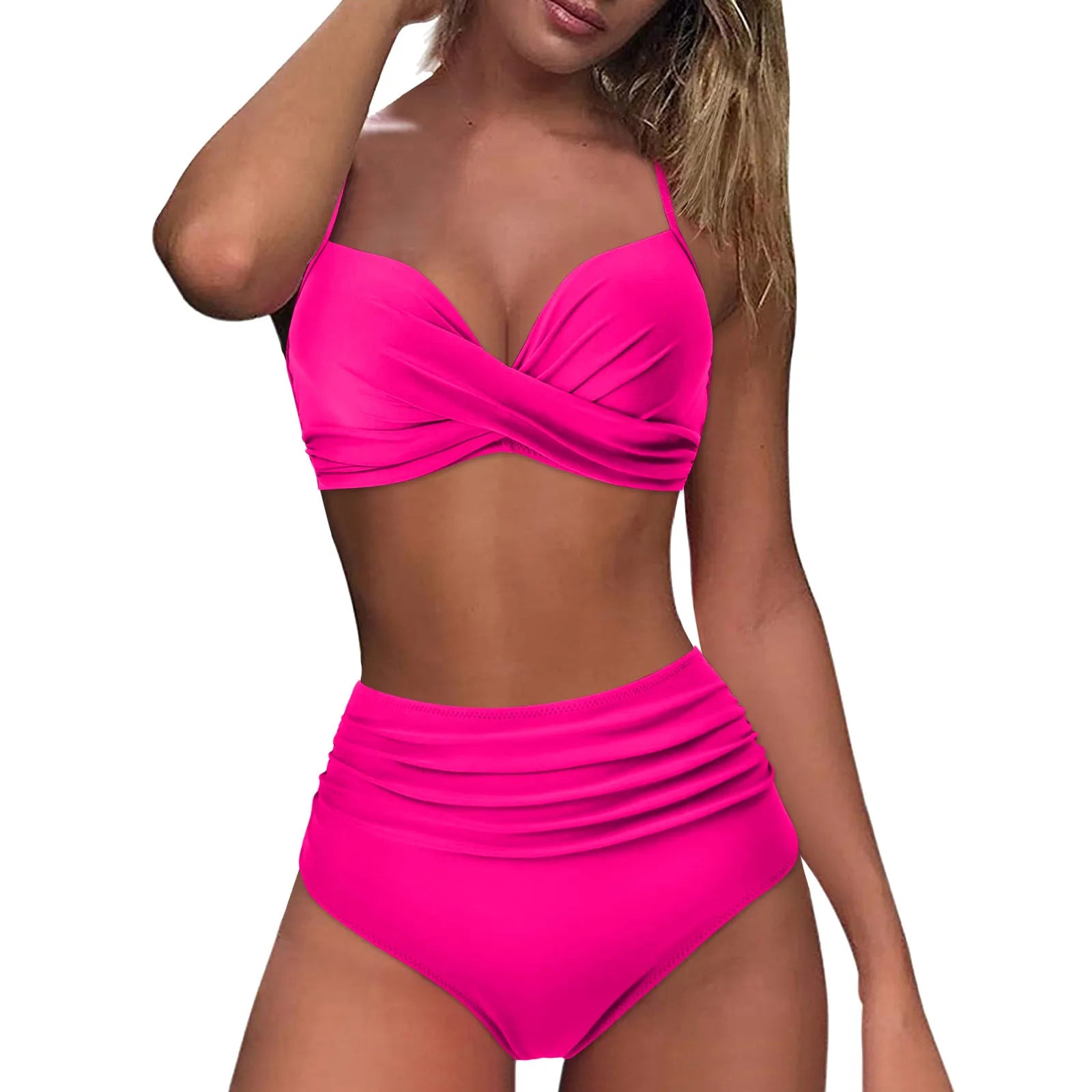 Bikini da donna a vita alta Costume da bagno push up sexy in due pezzi Costume da bagno vintage Bikini in due pezzi con stampa a vita alta retrò con increspature