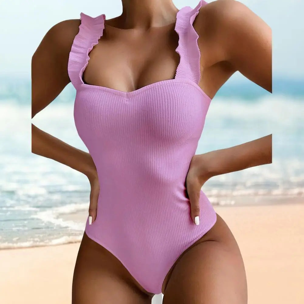 Solid Black Ruffled One-piece Swimsuit Women Sexy Lace Up Monokini Swimwear 2023 New Girl Beach Bathing Suits