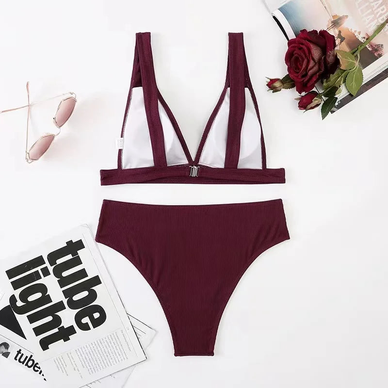 2023 New Sexy V-Neck Ribbed Bikini High Waist Swimsuit Women Solid Push Up Swimwear Female Bathing Suit Bikini Set Beachwear