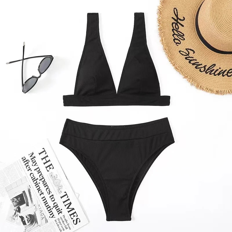 2023 New Sexy V-Neck Ribbed Bikini High Waist Swimsuit Women Solid Push Up Swimwear Female Bathing Suit Bikini Set Beachwear