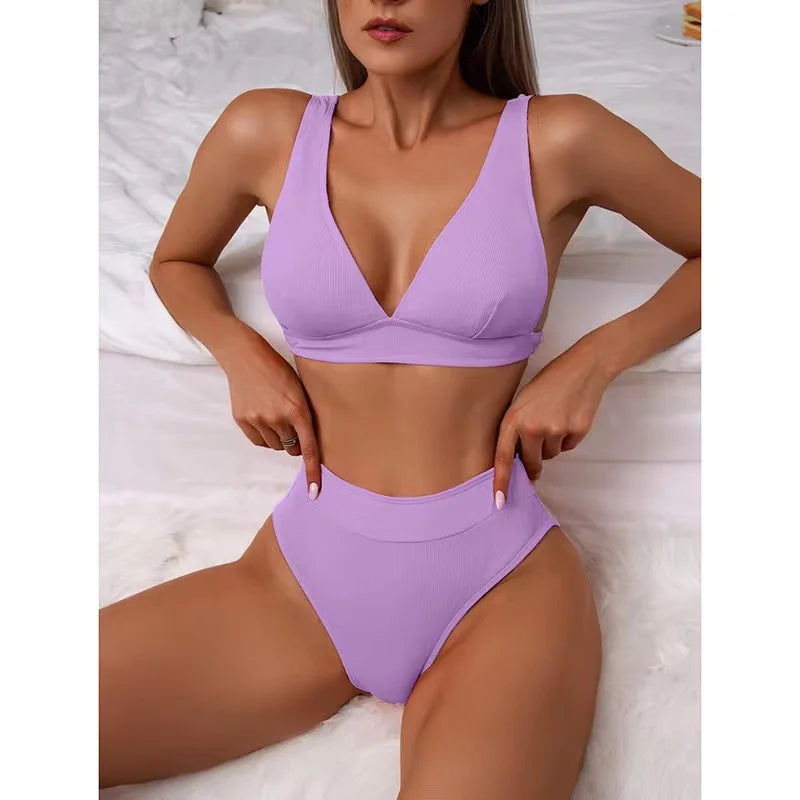2023 New Sexy V-Neck Ribbed Bikini High Waist Swimsuit Women Solid Push Up Swimwear Female Bathing Suit Bikini Set Beachwear
