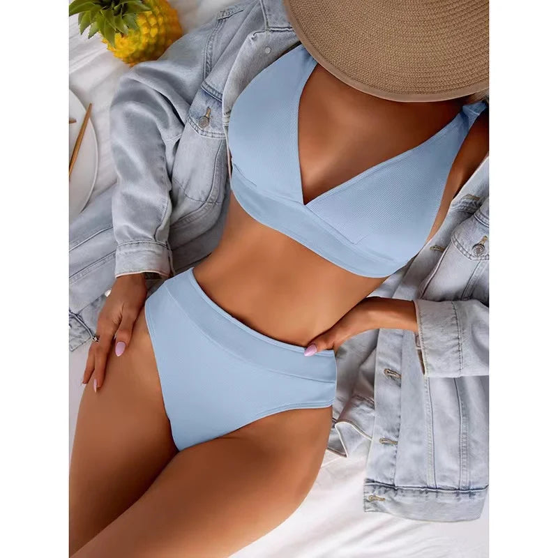 2023 New Sexy V-Neck Ribbed Bikini High Waist Swimsuit Women Solid Push Up Swimwear Female Bathing Suit Bikini Set Beachwear