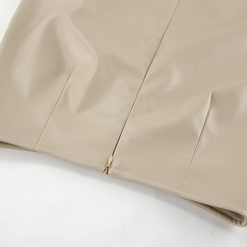 Mnealways18 Elegant Pu Khaki Skirts Womens High Waist Straight Faux Leather Long Skirts Autumn Office Ladies Zipper Skirts 2024