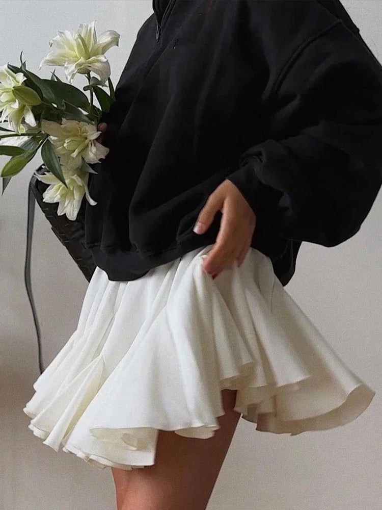 Vintage Street White Mini Skirt A Line High Waist Sexy Fashion Cute Ruffle Black Skirt Elastic Waist Tutu Short Skirts for Women