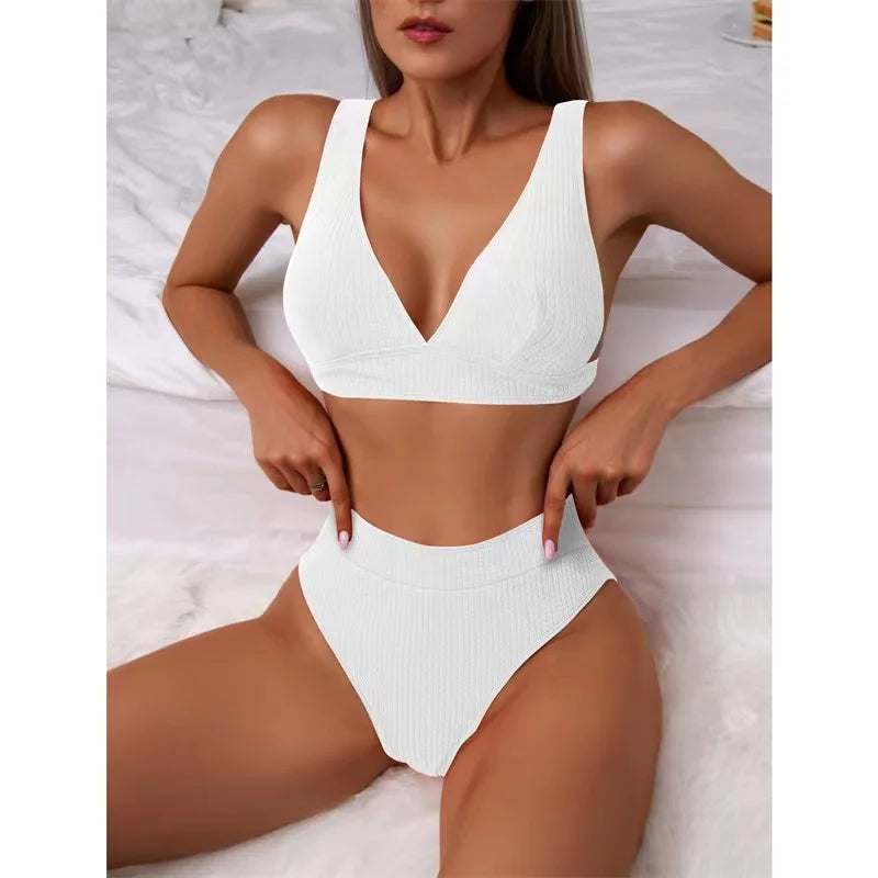 2023 New Sexy V-Neck Ribbed Bikini High Waist Swimsuit Women Solid Push Up Swimwear Female Bathing Suit Bikini Set Beachwear