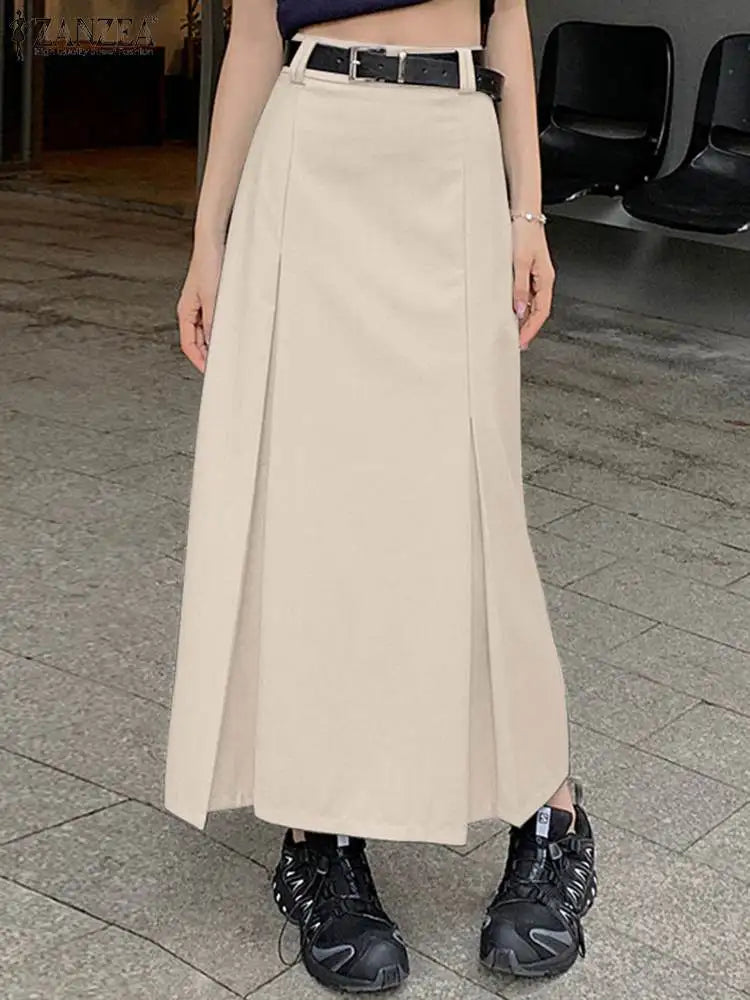 ZANZEA Women Elegant Long Skirt Korean Fashion High Waist Jupes Casual Pleated Maxi Skirts 2023 Autumn Solid Hip Wrap Faldas
