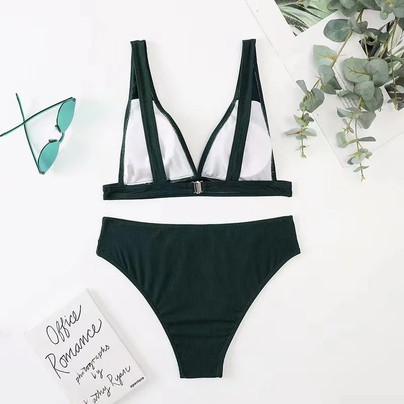 2023 New Sexy V-Neck Ribbed Bikini High Waist Swimsuit Women Solid Push Up Swimwear Female Bathing Suit Bikini Set Beachwear
