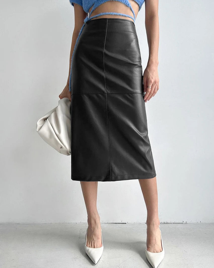 Mnealways18 Elegant Pu Khaki Skirts Womens High Waist Straight Faux Leather Long Skirts Autumn Office Ladies Zipper Skirts 2024
