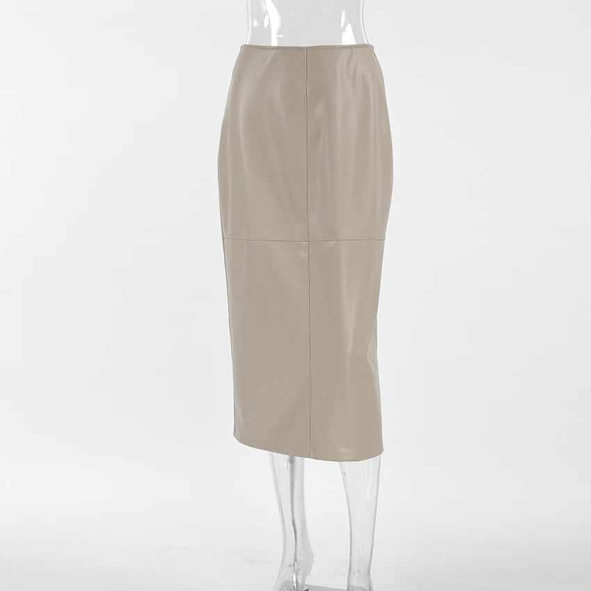Mnealways18 Elegant Pu Khaki Skirts Womens High Waist Straight Faux Leather Long Skirts Autumn Office Ladies Zipper Skirts 2024