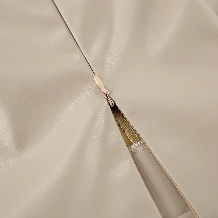 Mnealways18 Elegant Pu Khaki Skirts Womens High Waist Straight Faux Leather Long Skirts Autumn Office Ladies Zipper Skirts 2024