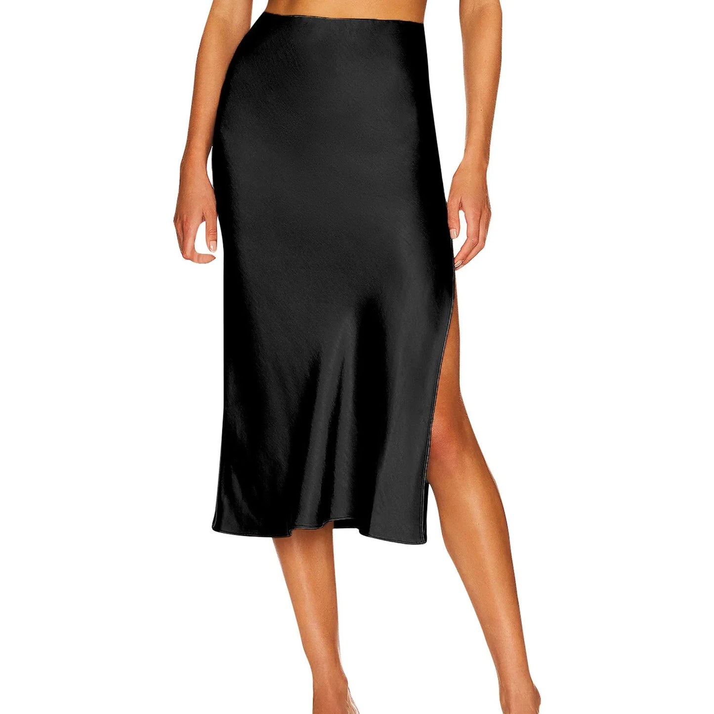 Women's Temperament Satin Half Body Skirt Elastic High Waist Solid Colour Split Mid Length Skirt Elegant Versatile Half Skirt