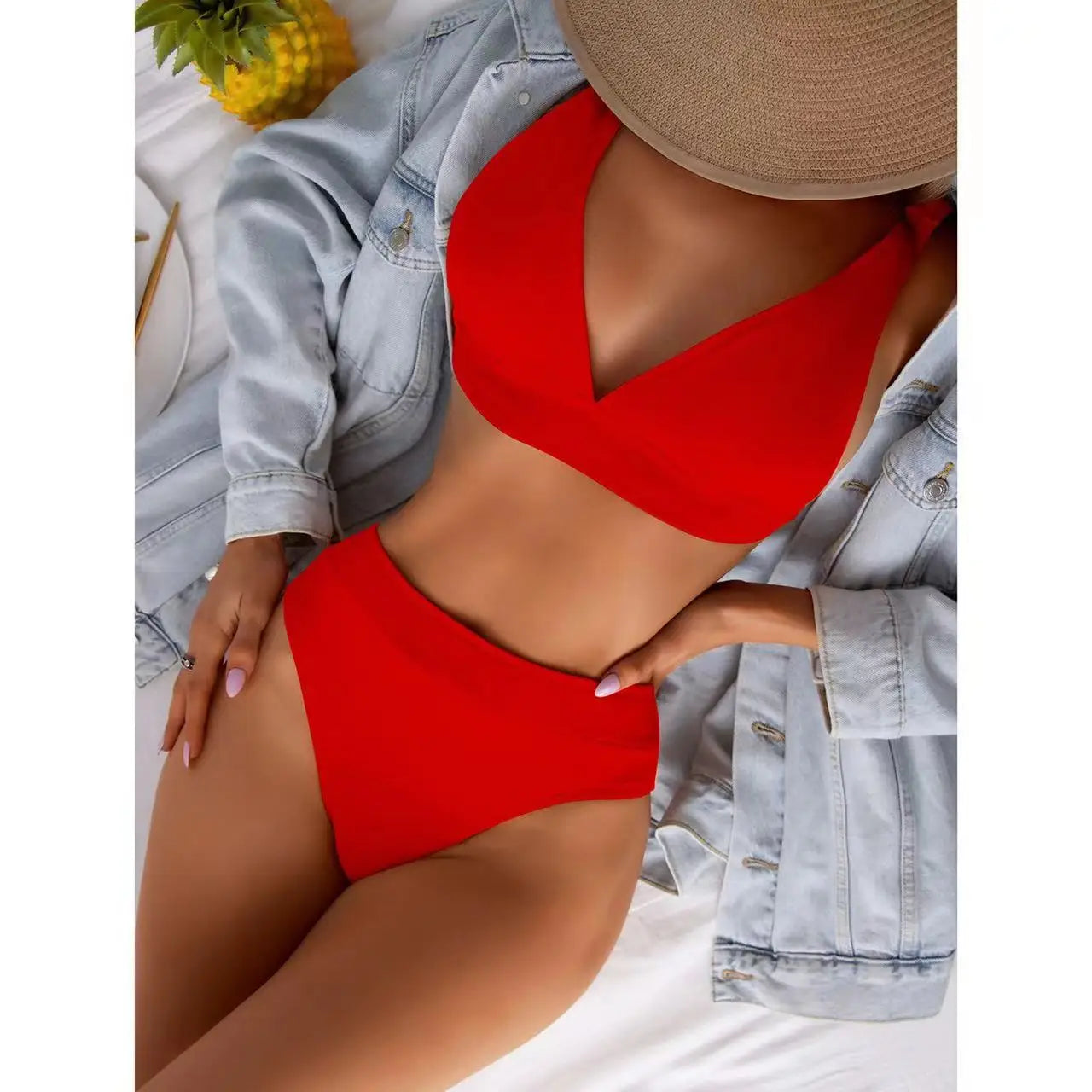 2023 New Sexy V-Neck Ribbed Bikini High Waist Swimsuit Women Solid Push Up Swimwear Female Bathing Suit Bikini Set Beachwear
