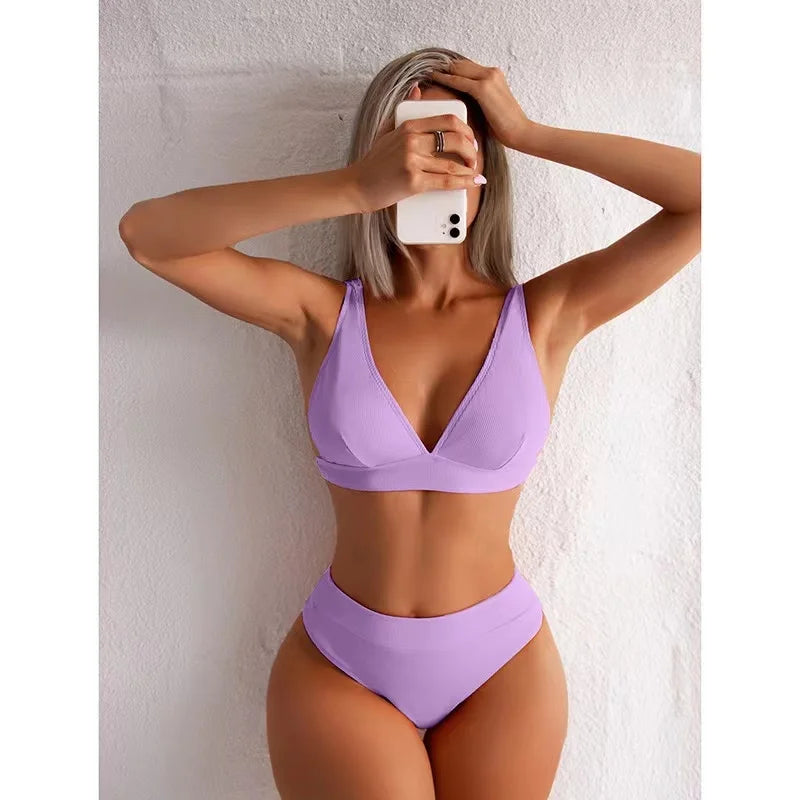 2023 New Sexy V-Neck Ribbed Bikini High Waist Swimsuit Women Solid Push Up Swimwear Female Bathing Suit Bikini Set Beachwear