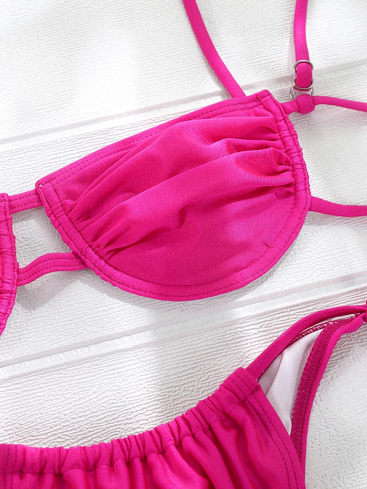 Miyouj Bandage Swimsuit 2024 Sexy Swimwear Women Solid Color Bikini Sets String Swimsuits Brazilian Beachwear Push Up Biquinis