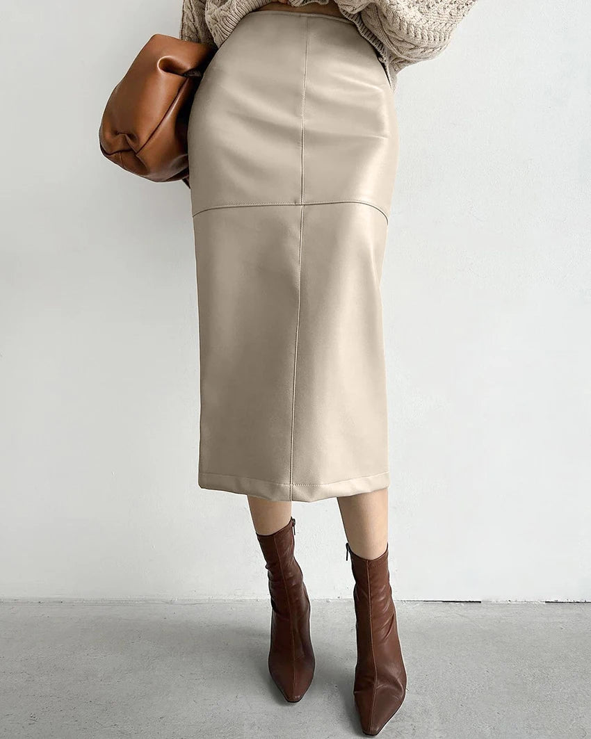 Mnealways18 Elegant Pu Khaki Skirts Womens High Waist Straight Faux Leather Long Skirts Autumn Office Ladies Zipper Skirts 2024
