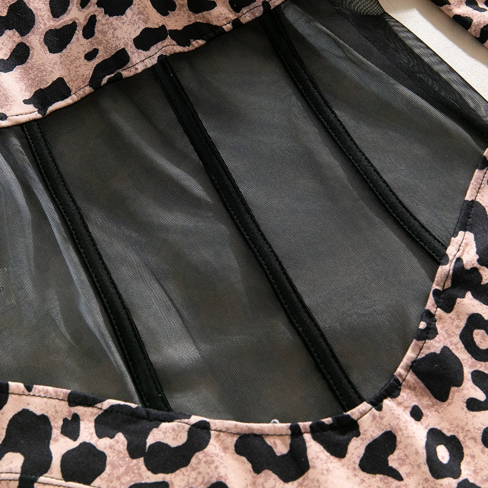 Sexy Leopard Shapewear Top Donna Body Shaper Tuta Perizoma One Piece Chic Manica lunga Lingerie Bodycon Body Abiti autunnali