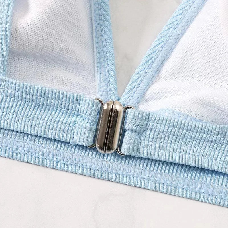 2023 New Sexy V-Neck Ribbed Bikini High Waist Swimsuit Women Solid Push Up Swimwear Female Bathing Suit Bikini Set Beachwear