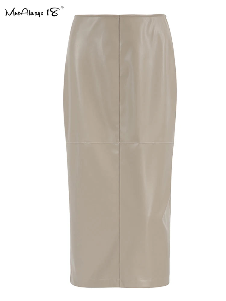 Mnealways18 Elegant Pu Khaki Skirts Womens High Waist Straight Faux Leather Long Skirts Autumn Office Ladies Zipper Skirts 2024