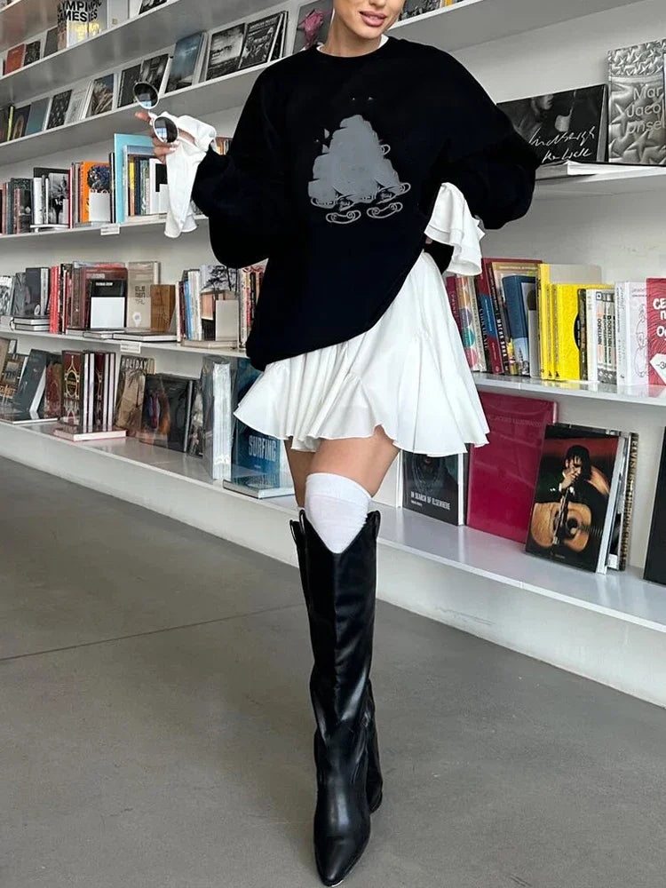 Vintage Street White Mini Skirt A Line High Waist Sexy Fashion Cute Ruffle Black Skirt Elastic Waist Tutu Short Skirts for Women