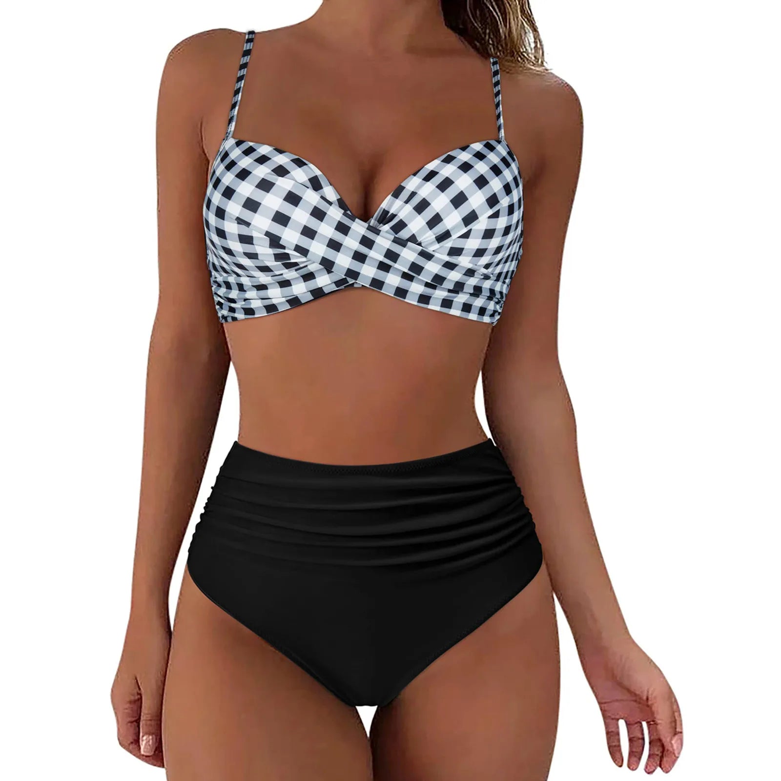 Bikini da donna a vita alta Costume da bagno push up sexy in due pezzi Costume da bagno vintage Bikini in due pezzi con stampa a vita alta retrò con increspature