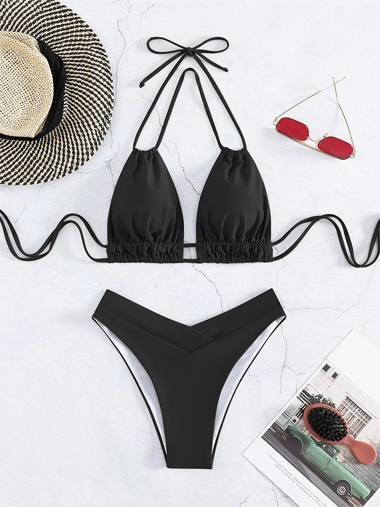 Plus Size Beach Bikini Black Sexy Halter Bikini Push Up Swimsuit 2 Piece Bikini Sets 2023 Summer Women Swimwear Bathing Suits