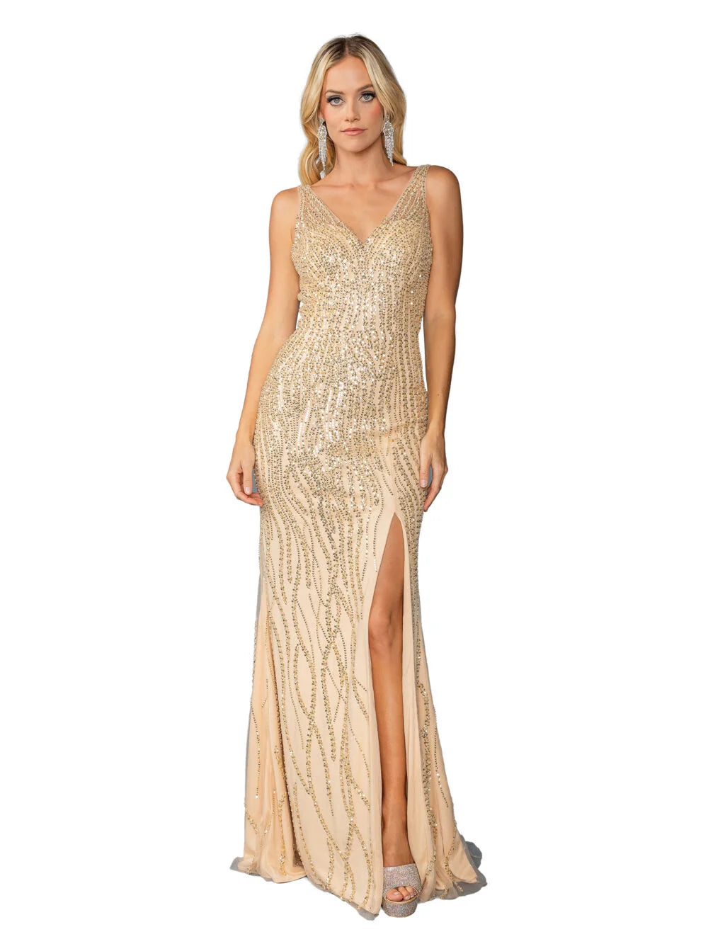 Sequin-Embellished Gown with V-Neckline and High Slit Detail Prom Dress