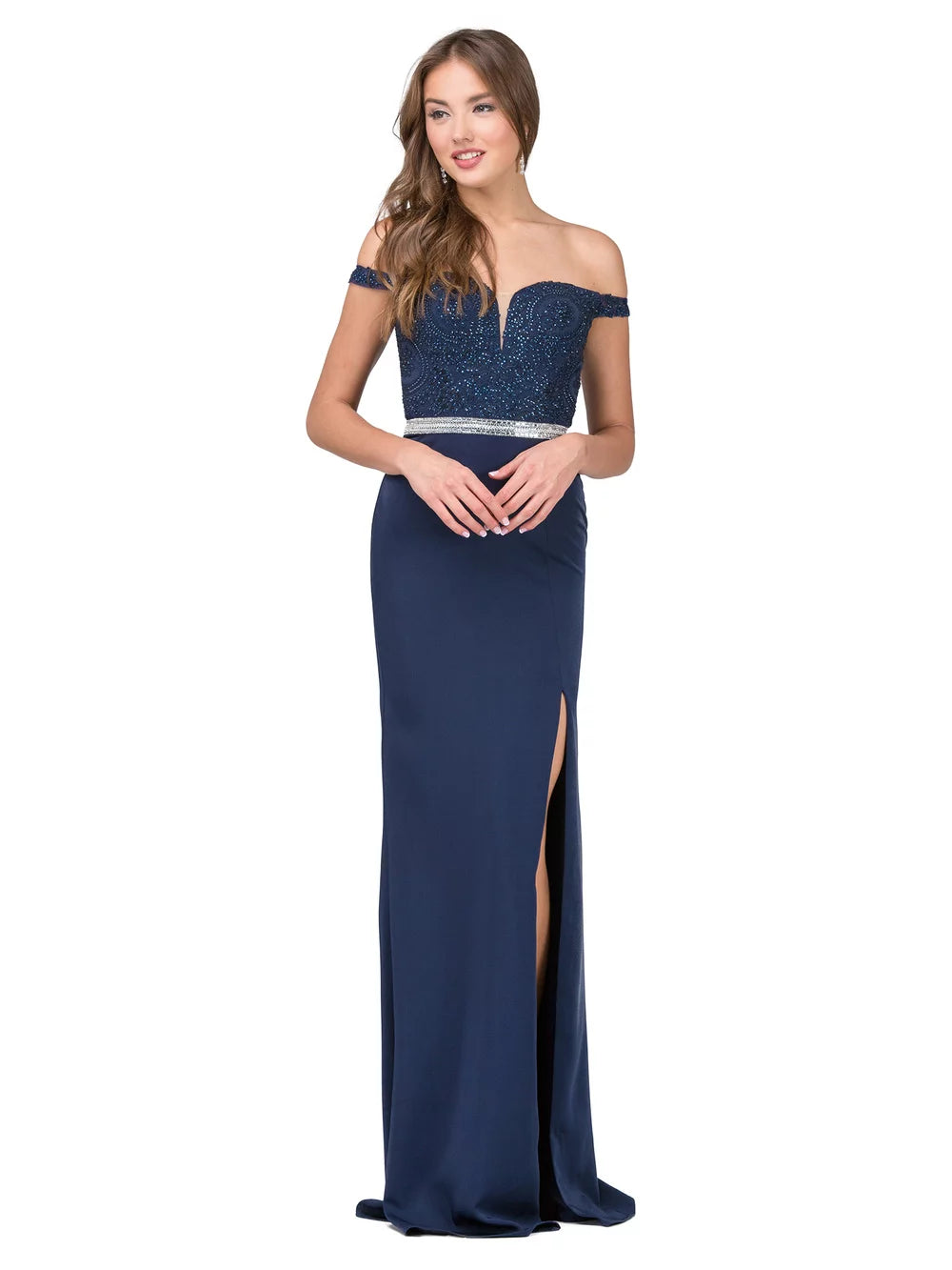 Sequined Off-the-Shoulder Bodice Gown with Side Slit and Beaded Waistband Prom Dress