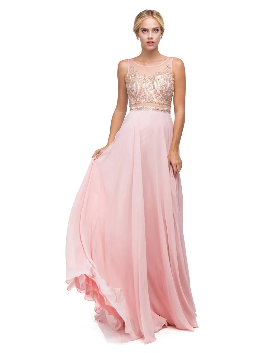 Sequined Bodice Gown with Scoop Neckline and Flowing Chiffon Skirt with Ruffled Hem Prom Dress