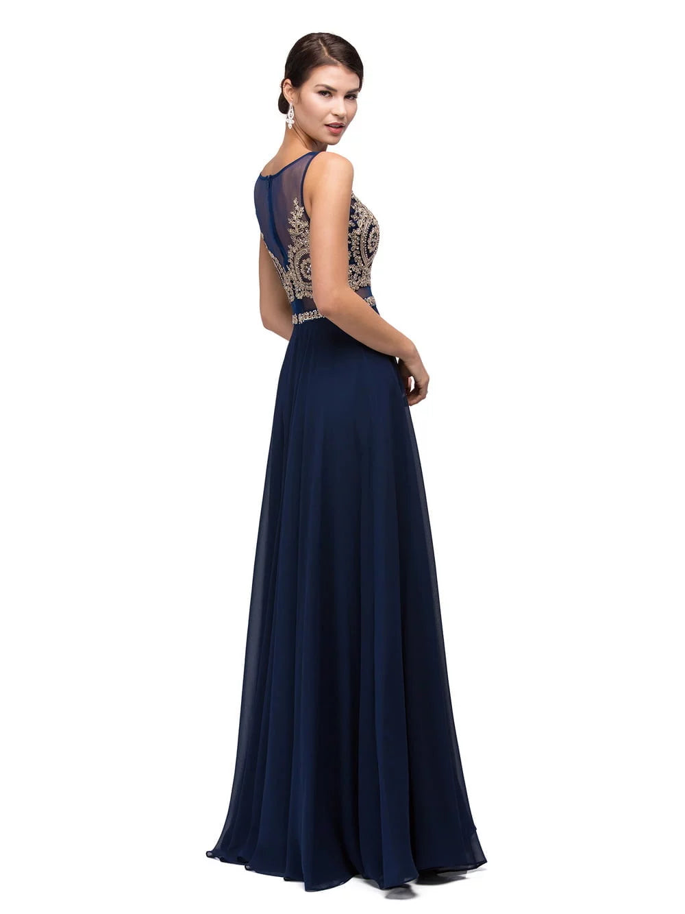 Sequined Bodice Gown with Scoop Neckline and Flowing Chiffon Skirt with Ruffled Hem Prom Dress