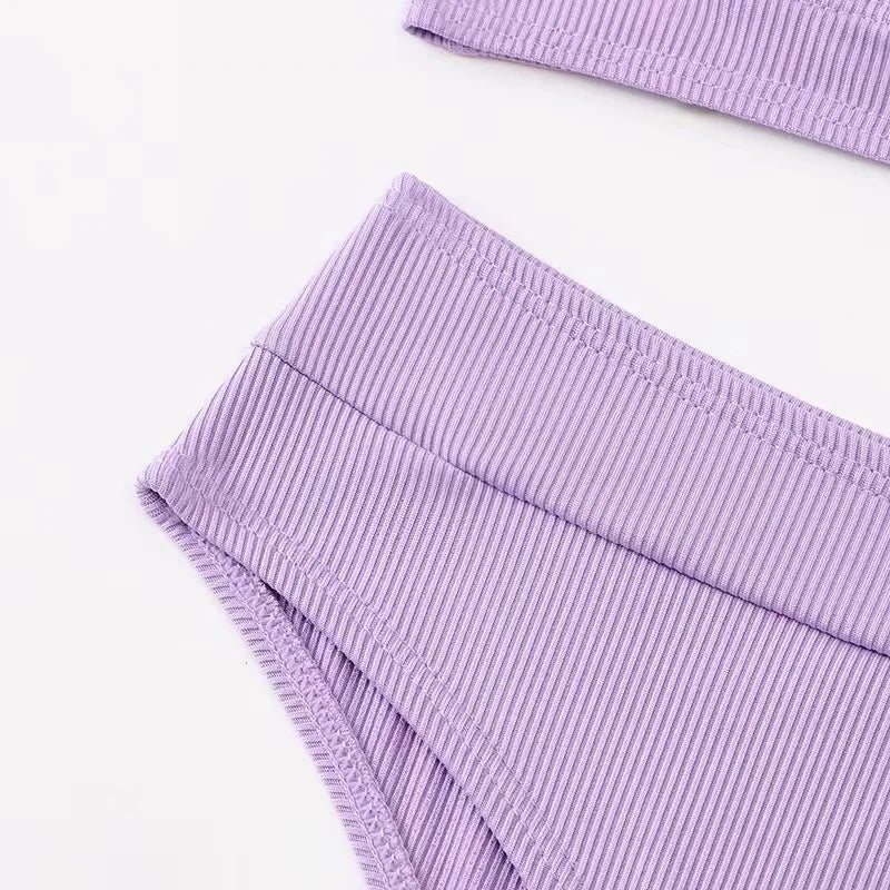 2023 New Sexy V-Neck Ribbed Bikini High Waist Swimsuit Women Solid Push Up Swimwear Female Bathing Suit Bikini Set Beachwear