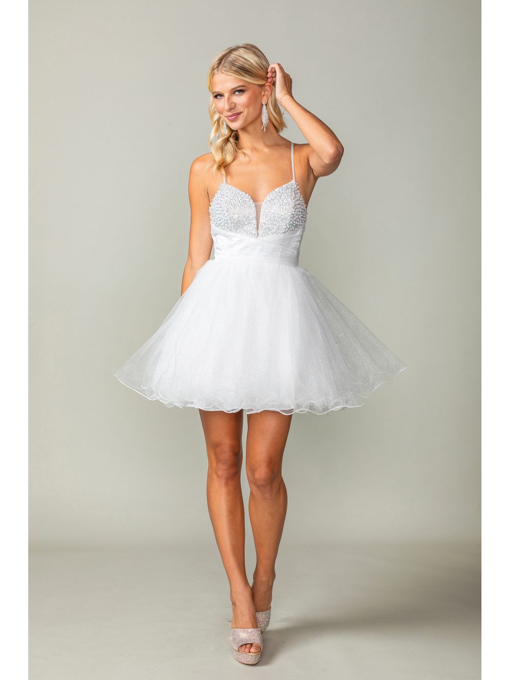 Short Glitter Tulle Dress with Spaghetti Straps and Crisscross Lace-up Back Homecoming Dress