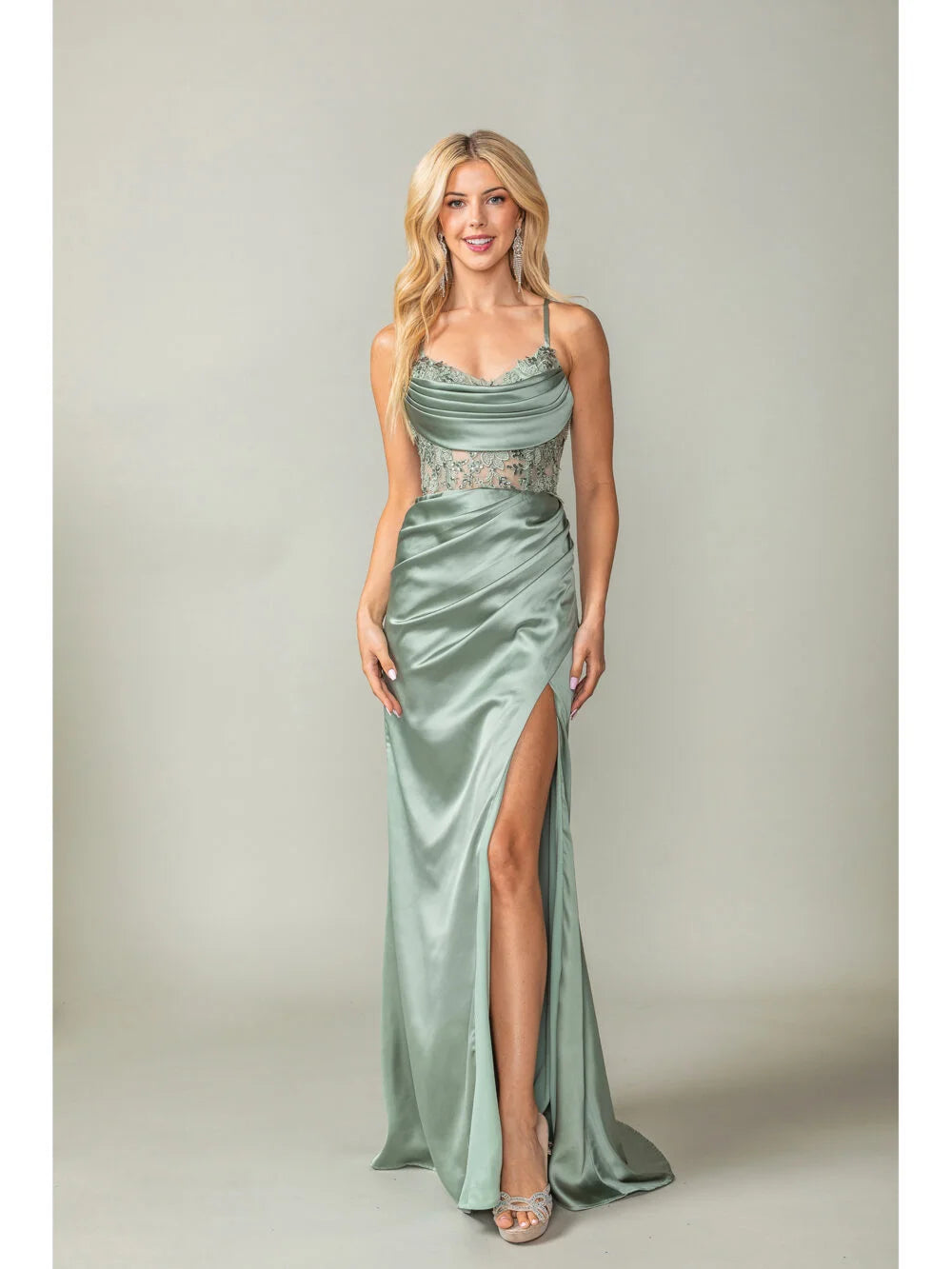 Stylish Cowl Neck Beaded Lace Bodice Prom Dress with Spaghetti Straps and High Slit Prom Dress