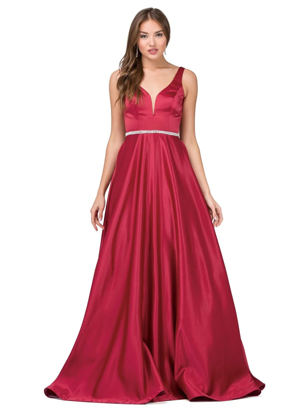 V-Neck Sleeveless Gown with Beaded Belt and Full Skirt Prom Dress