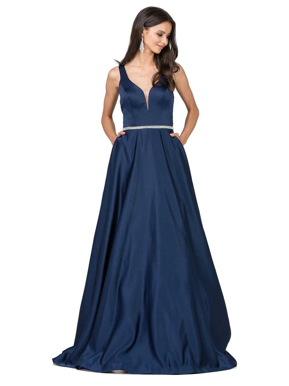 V-Neck Sleeveless Gown with Beaded Belt and Full Skirt Prom Dress