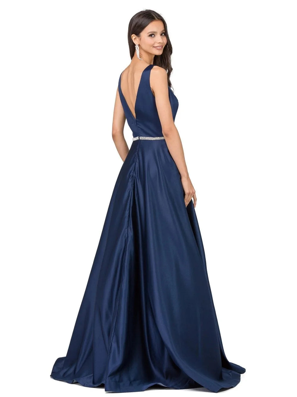 V-Neck Sleeveless Gown with Beaded Belt and Full Skirt Prom Dress