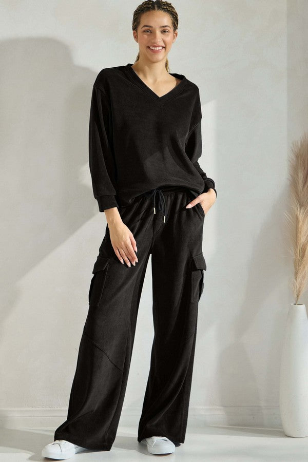 Women's Corduroy V Neck Top and Cargo Pant Set