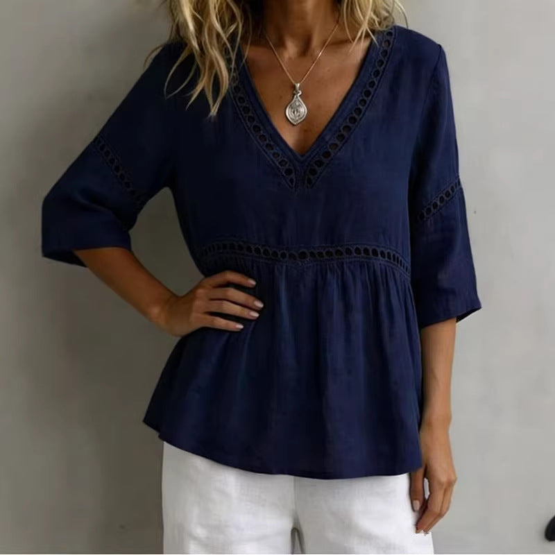 Solid-color V-neck Hollow-out Casual Fringed Top
