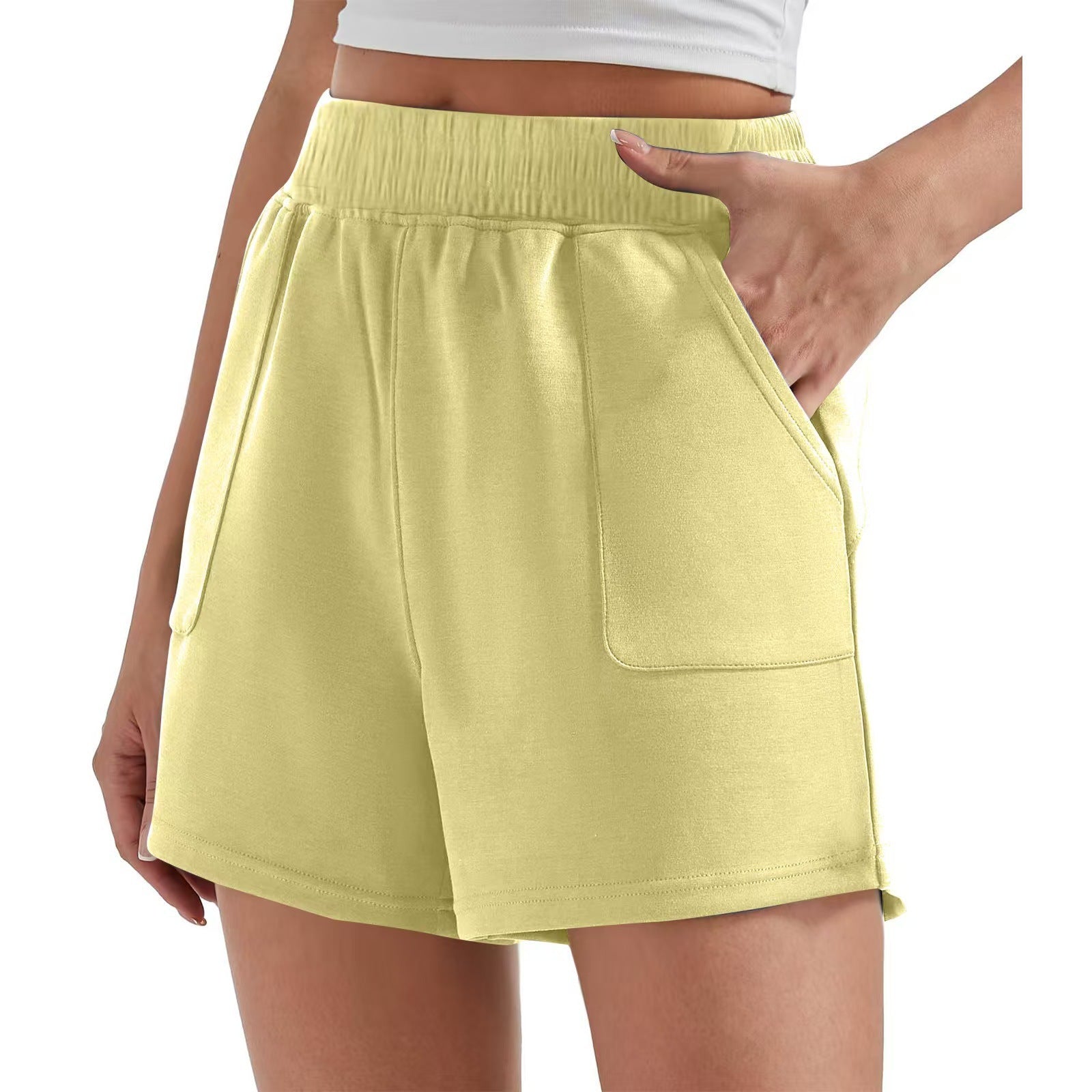Cream Loose Waist Solid Color Sports Shorts