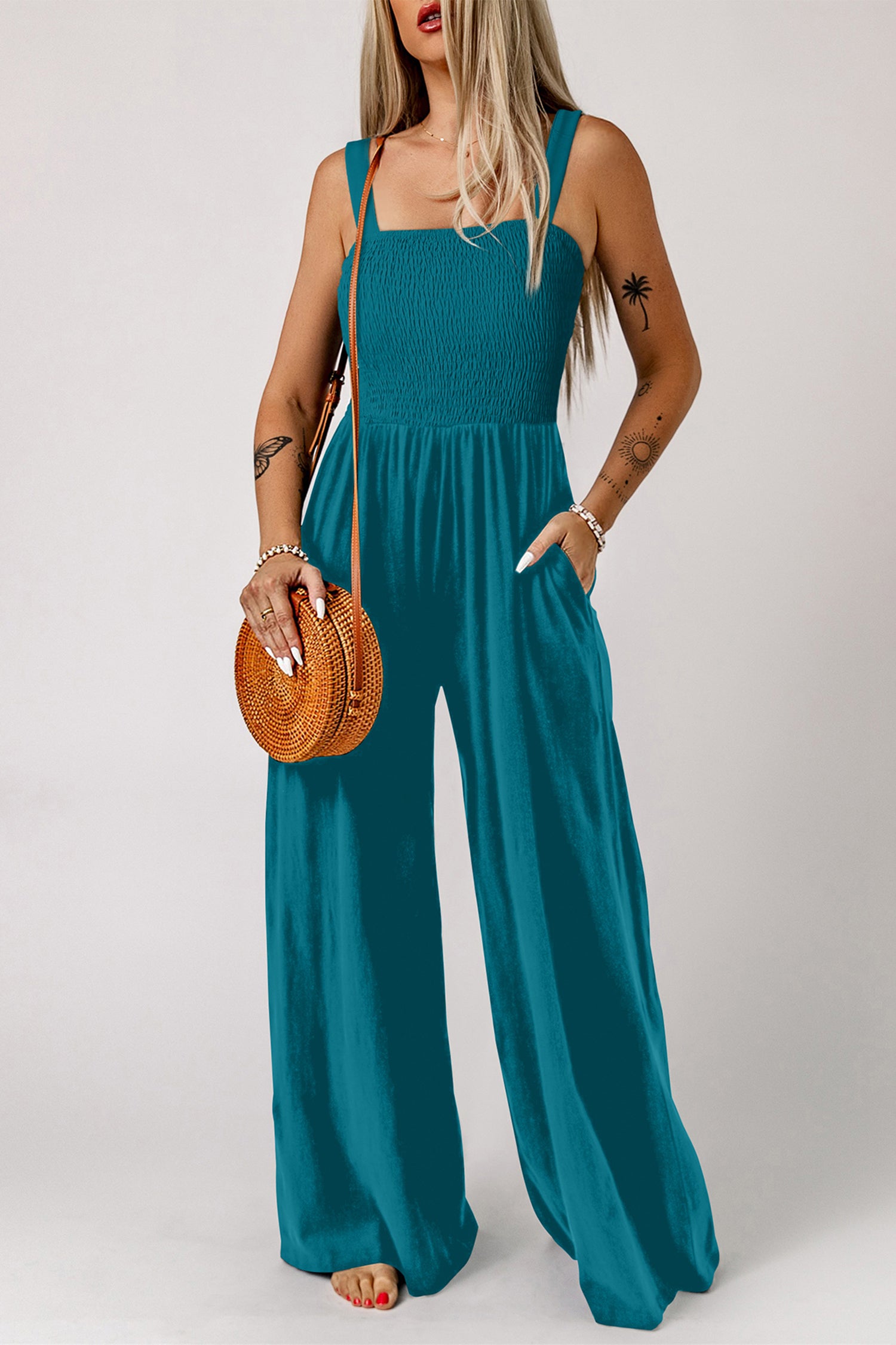 Rose Red Smocked Square Neck Sleeveless Jumpsuit with Pockets