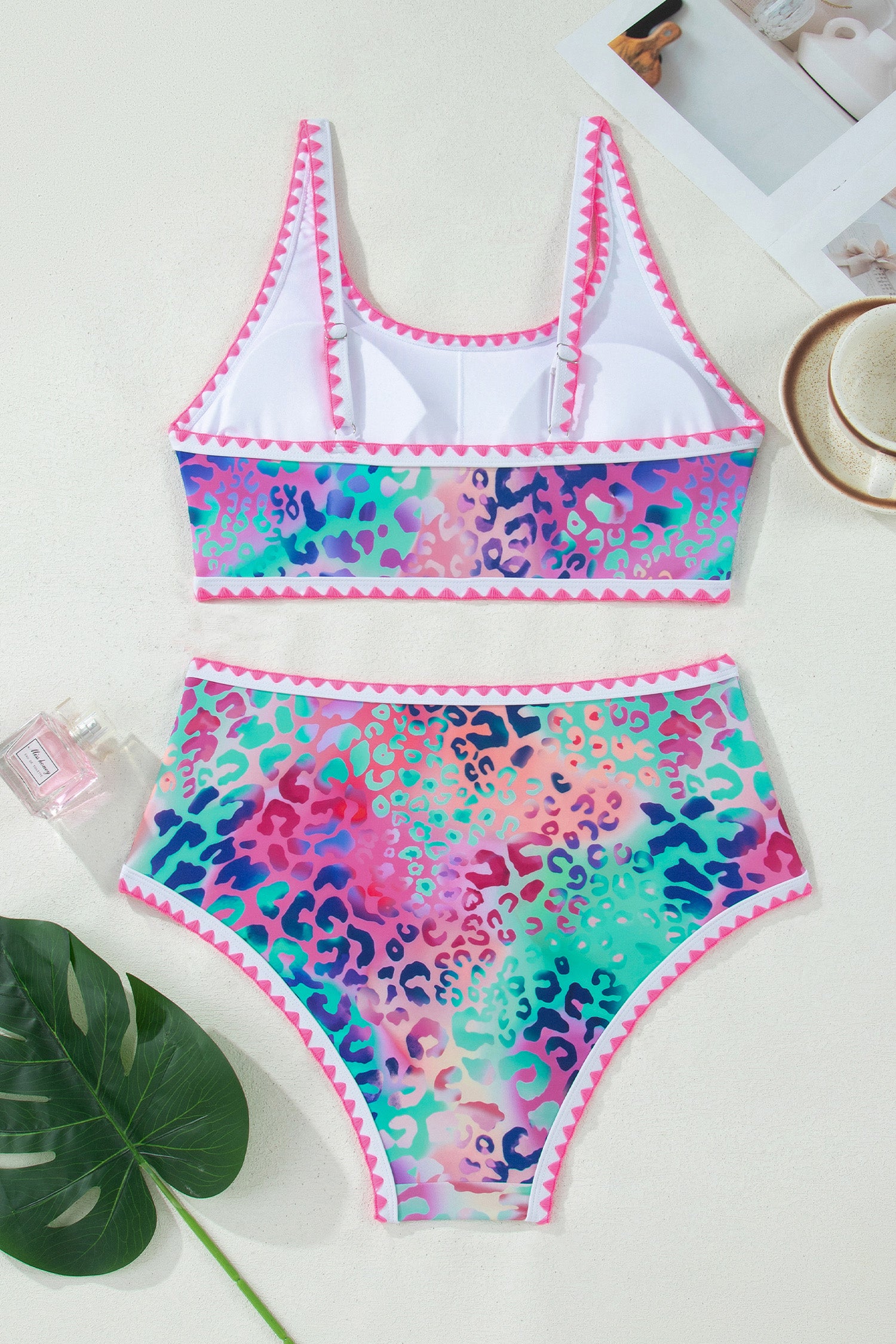 Pink Leopard Ricrac Trim Square Neck High Waist Bikinich