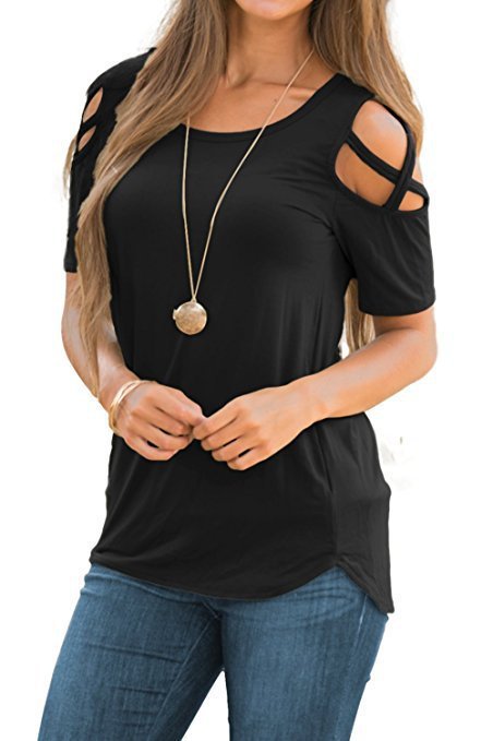 New Solid Color Short Sleeve Ripped Shoulder Lace-up
