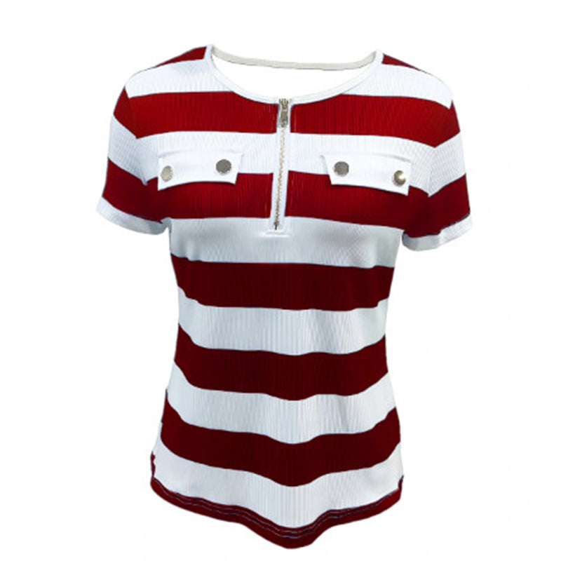Women's Color Block Short Sleeve T-Shirt Striped Zipper Front Top Casual Summer Blouse Tee