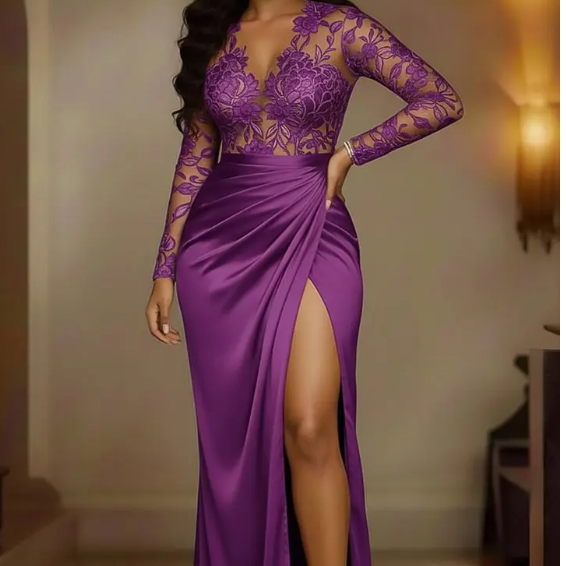 V Neck Long Sleeve Lace Patchwork Slit Party Maxi Dresses-Purple