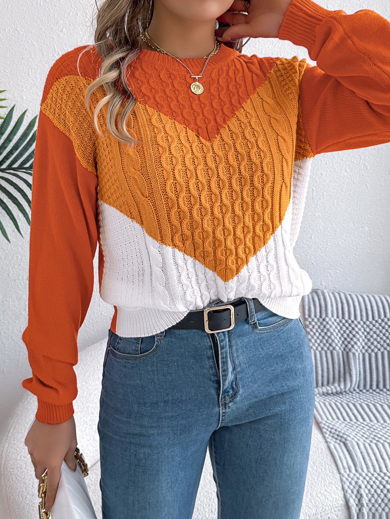 Women Casual Color Block Cable Knit Lantern Sleeve Pullover Sweater