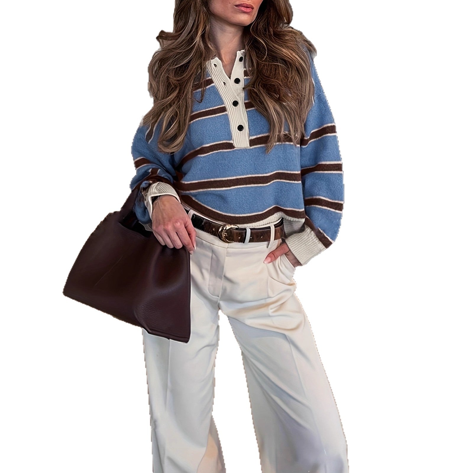 Retro Striped Half-button Polo-neck Sweater For Women