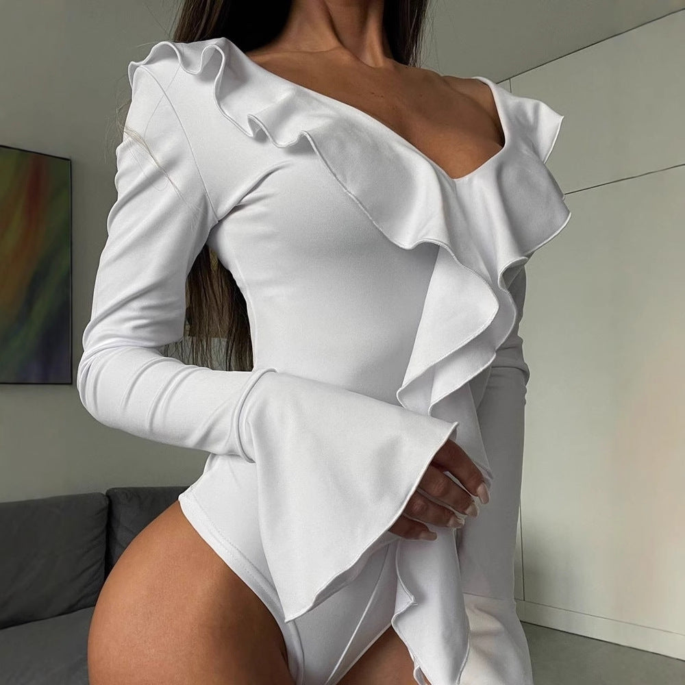 Stylish And Sexy V-Neck Ruffle-Patchwork Jumpsuit For Women