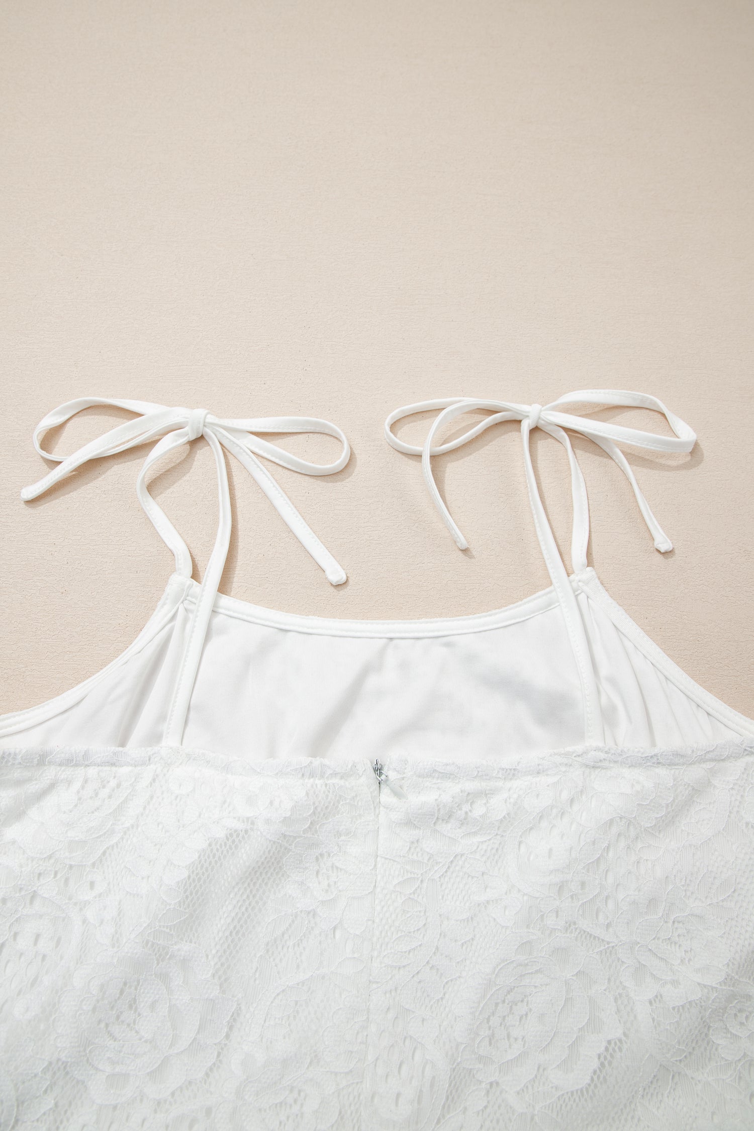 White Tie Spaghetti Straps Floral Lace Overlay Long Dress