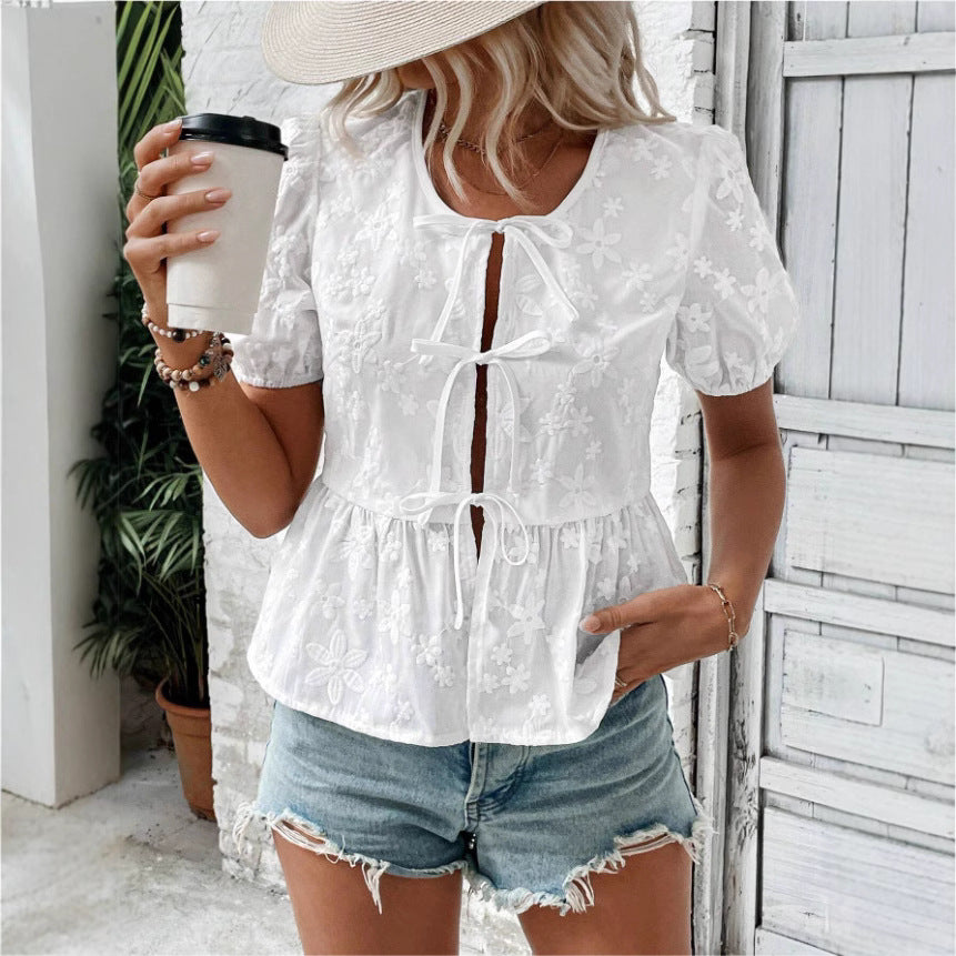 Solid Color Sweet Lace Puff Short Sleeve Shirt