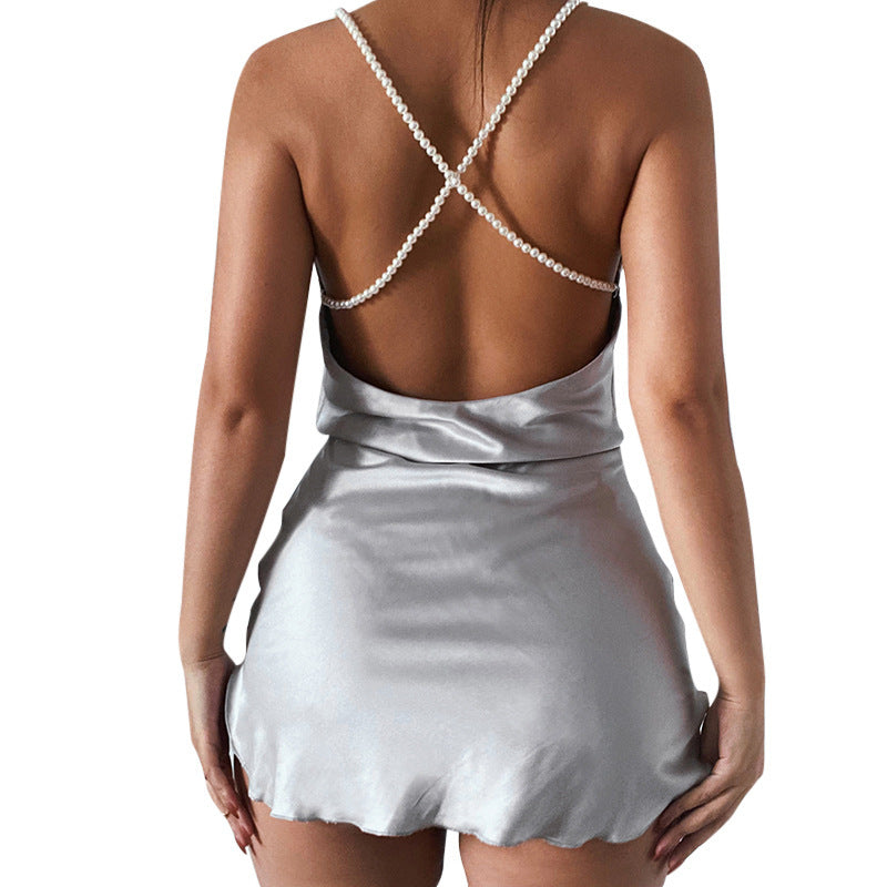 Women's Sexy Pearl Sling Dress With Backpack