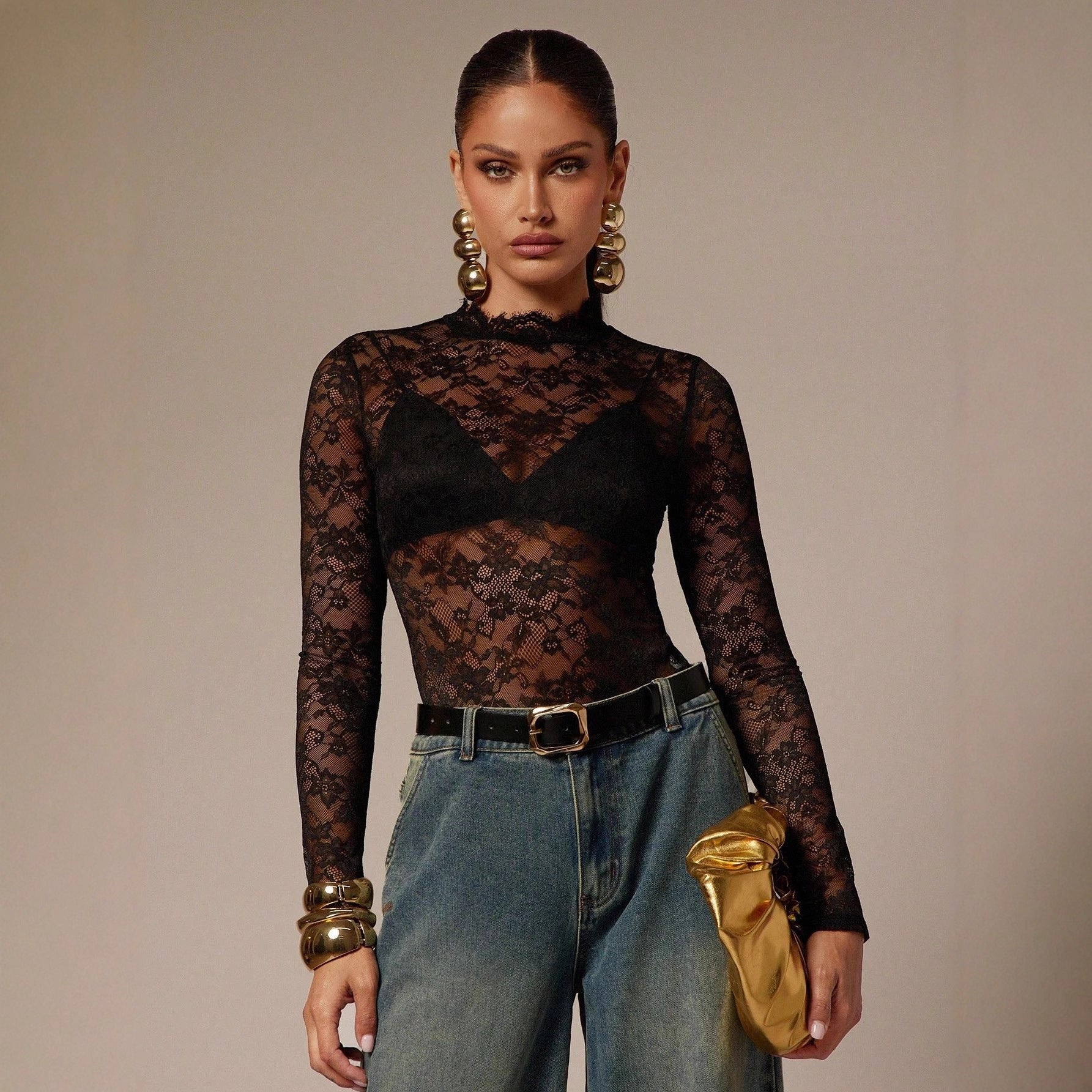 Womens Solid-Color Lace Bodysuit With Small Stand Collar And Long Sleeves